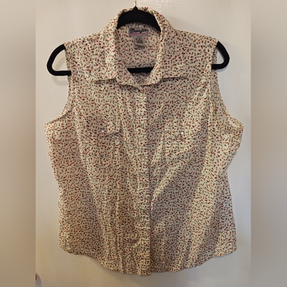 Wranglers Pearl Snap Sleeveless Shirt Women XL Red Rosebud Print Cowgirl